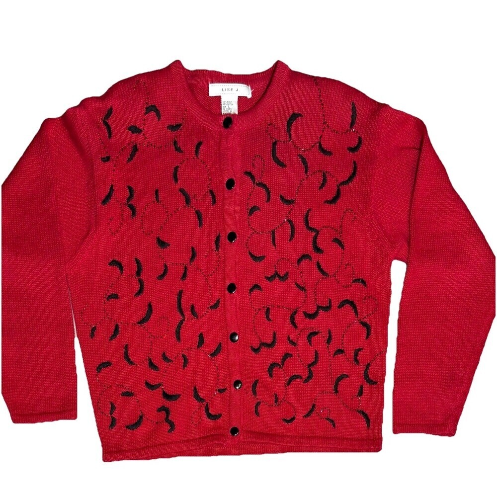 LISE J. Red Granny Cardigan Embroidered Beaded Large Ramie Cotton Long Sleeve